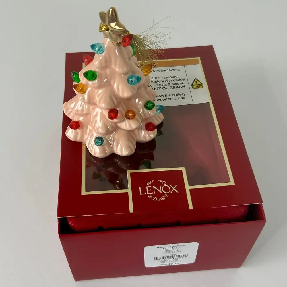 Lenox Treasured Traditions Pink Christmas Tree Ornament Light Up NIB